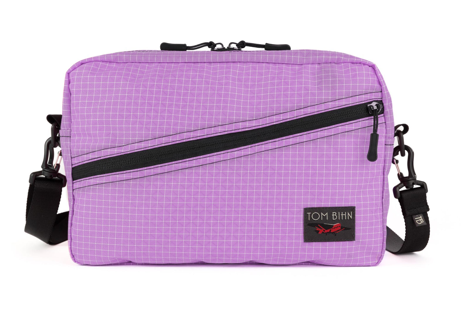 visible variant TB0921-YD^^A Packing Cube Shoulder Bag in Wisteria (pale purple with white grid) 200 Halcyon with a 1-inch shoulder strap attached