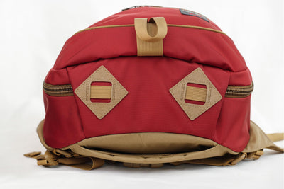 visible detail^^Red backpack with brown accents on a white background