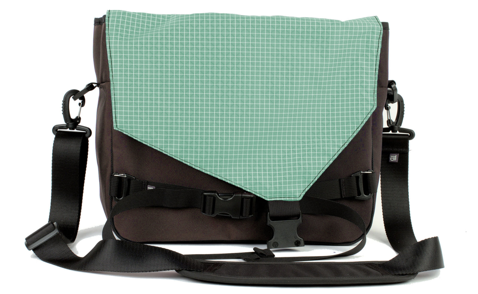 visible variant TB0204-RKGD^^The Maker's Bag in Ursa (grey-brown) Ballistic with Seafoam (faded green with white grid) 200 Halcyon interior.