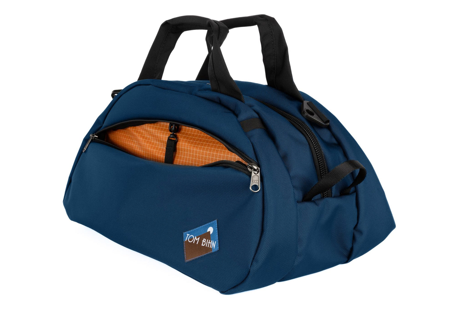 visible variant TB0435-DKZD^^The Old School Carry All in Deep Blue 630 Ballistic with Zest (orange with white grid) 200 Halcyon interior.