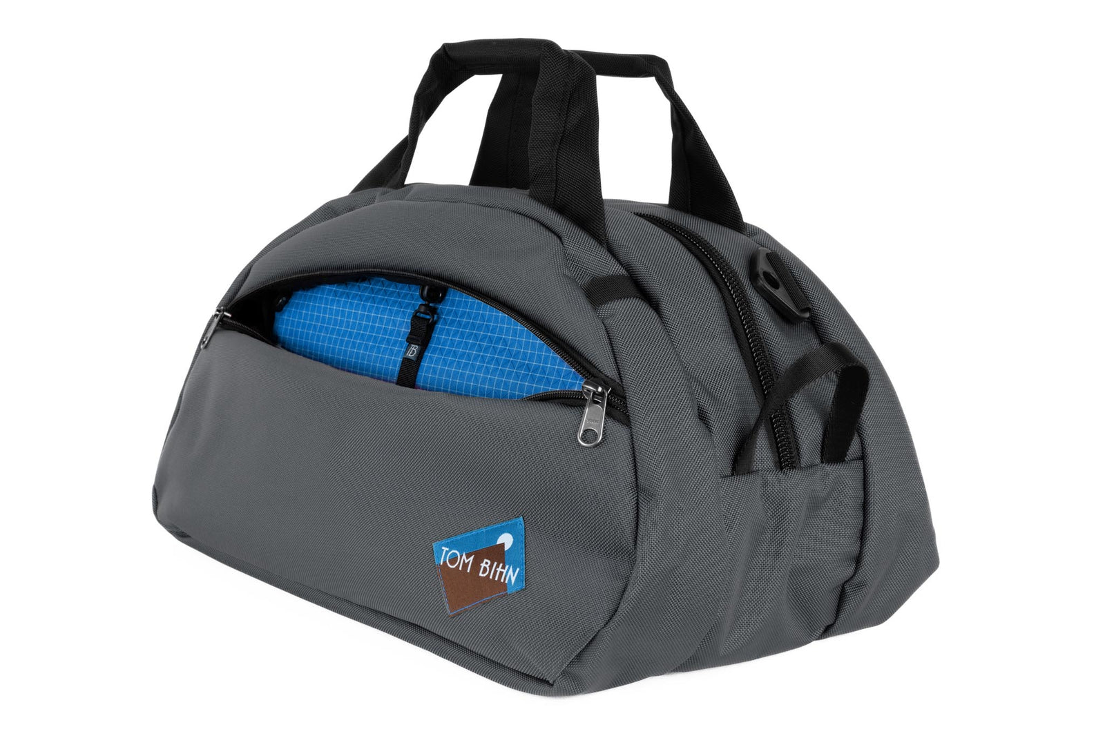 visible variant TB0435-GKLD^^The Old School Carry All in Nebulous Grey 630 Ballistic with Island (blue with white grid) 200 Halcyon interior.