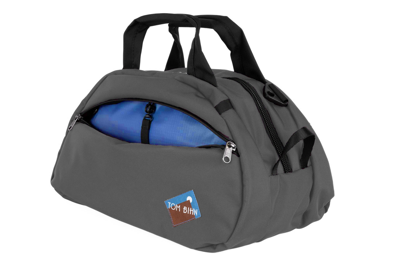 visible variant TB0435-GKOL^^The Old School Carry All in Nebulous Grey 630 Ballistic with Cobalt (blue with light blue grid) 210 Cerylon interior.