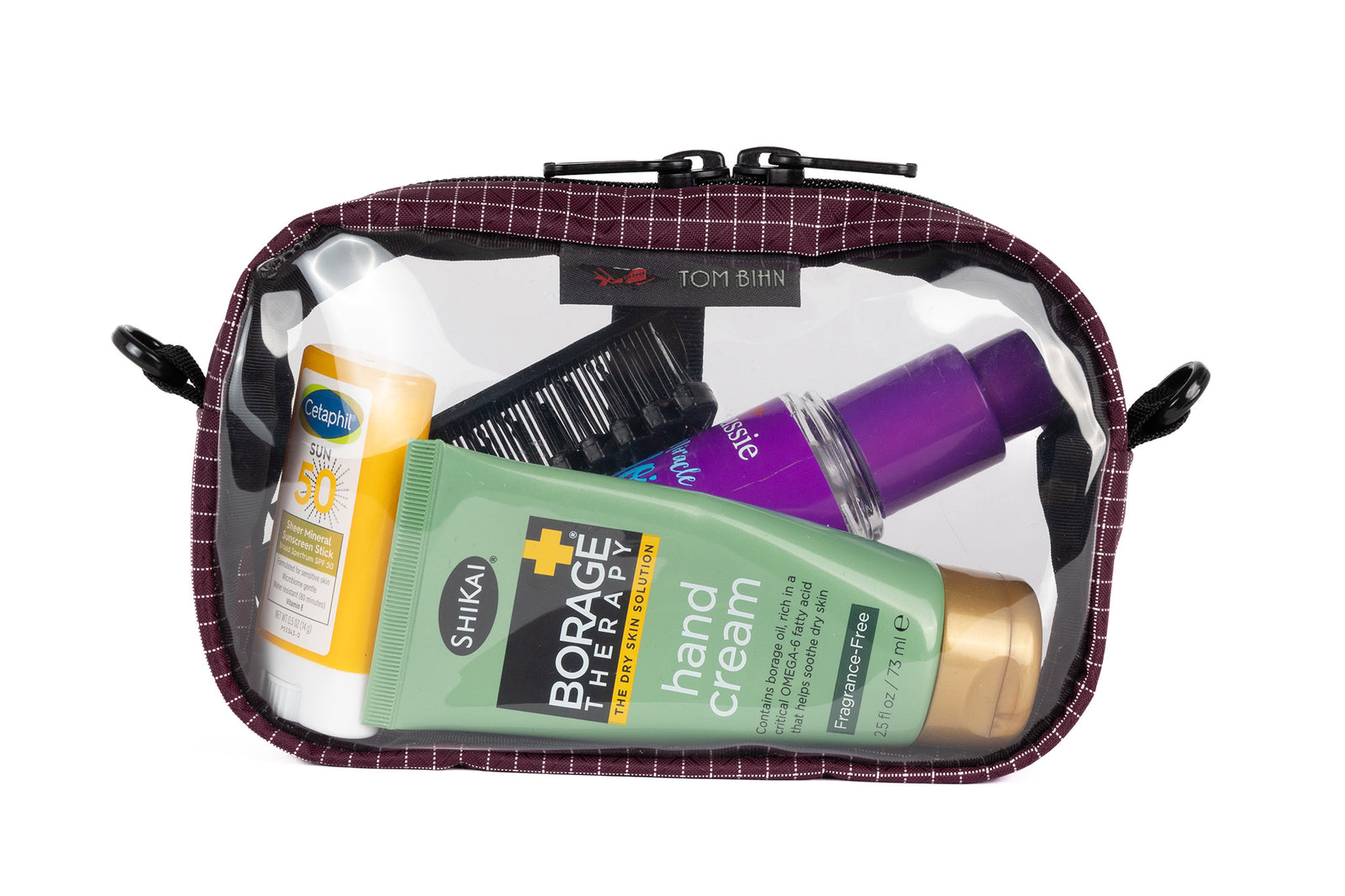 visible variant TB0917-5D^^An Acai purple with white grid pattern (Halcyon) 3D Clear Organizer Cube filled with sundries.