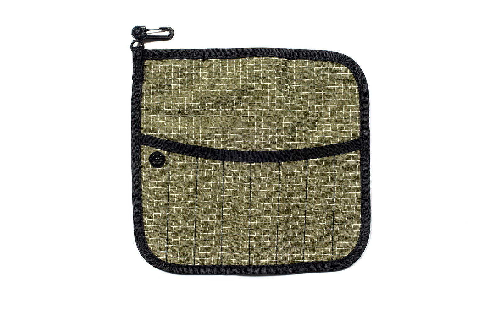 visible variant TB1235-8D^^The front of a Tool Pen Wrap in Taiga (olive green with white grid) 200 Halcyon.