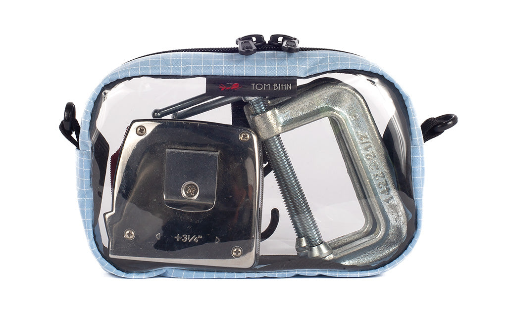 visible variant TB0917-AD^^A Acuity (ice blue) with white grid pattern (Halcyon) 3D Clear Organizer Cube filled with sundries.