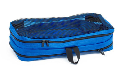 visible variant TB90601-LE^^An empty and zipped closed Island (blue) Aether Small Laundry Aeronaut 45 Packing Cube mesh side up.