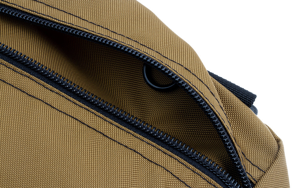 ^^A close shot of the Packing Cube Shoulder Bag's main zipper showing an interior o-ring.