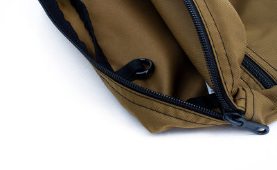 ^^A close shot of the Packing Cube Shoulder Bag's main zipper showing an interior o-ring.