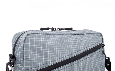 detail visible^^A close shot of the Packing Cube Shoulder Bag's main compartment zipper.