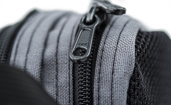 A close shot of the zippers on the Snake Charmer.