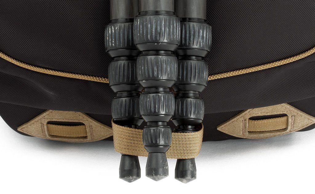 detail  visible^^A close shot of a tripod being held in place using the Guide's Edition Synik 30's ice axe loop.