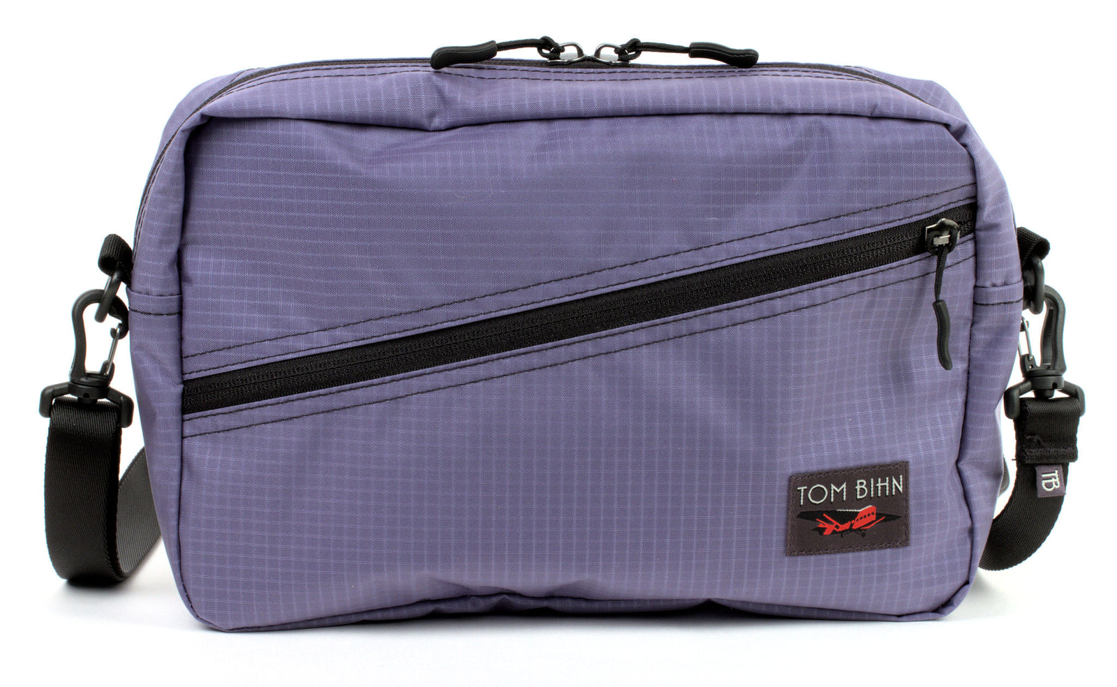 visible variant TB0921-DL^^A Packing Cube Shoulder Bag in Dusk (blue-grey with light blue-grey grid) 210 Cerylon with a shoulder strap attached