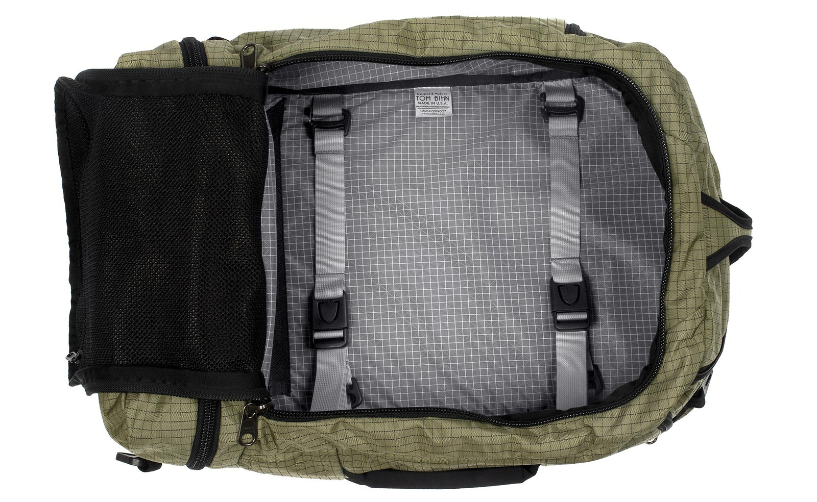 visible variant TB0903-VHND^^ An open Techonaut 45 with a Taiga (sage green) Halcyon exterior and a Northwest Sky (grey) interior.