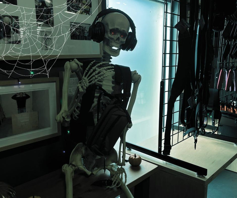 Orenthal, the skeleton, holding down the fort in the TOM BIHN Showroom. 