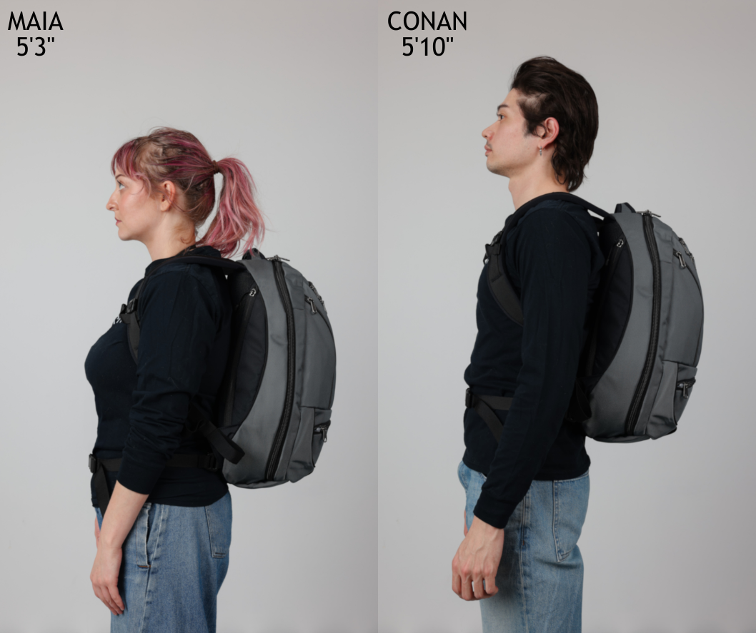 Side view of the Synik 26 worn by Maia (5'3") and Conan (5'10").