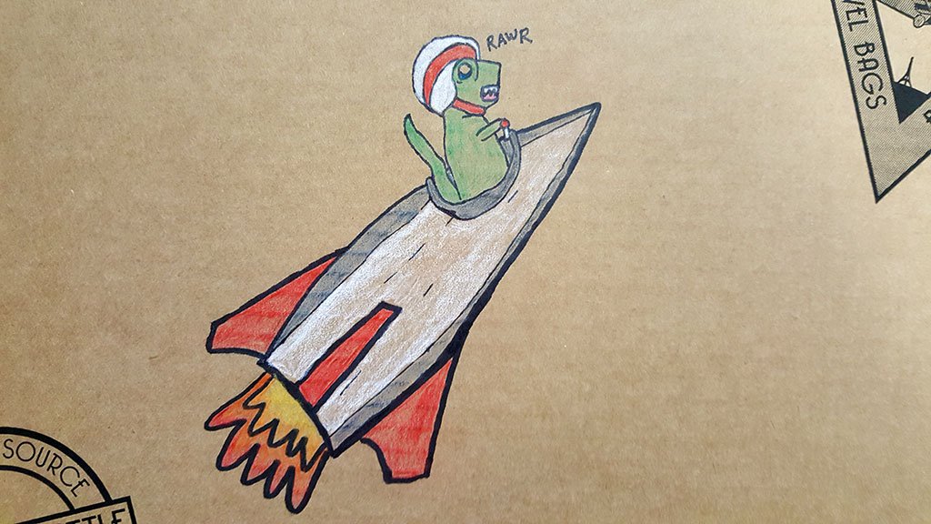 Box art of a T-Rex in a rocket ship.