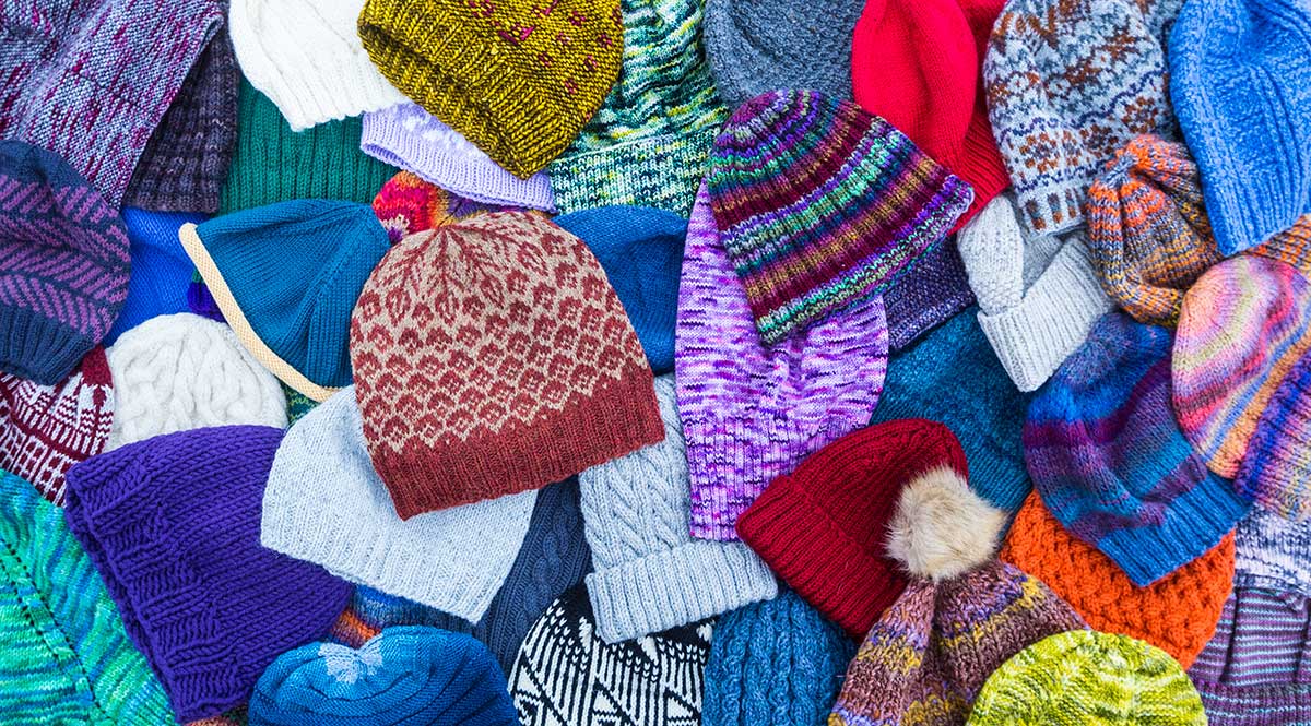 A close up of knitted hats from the Ravelry knitting forum.