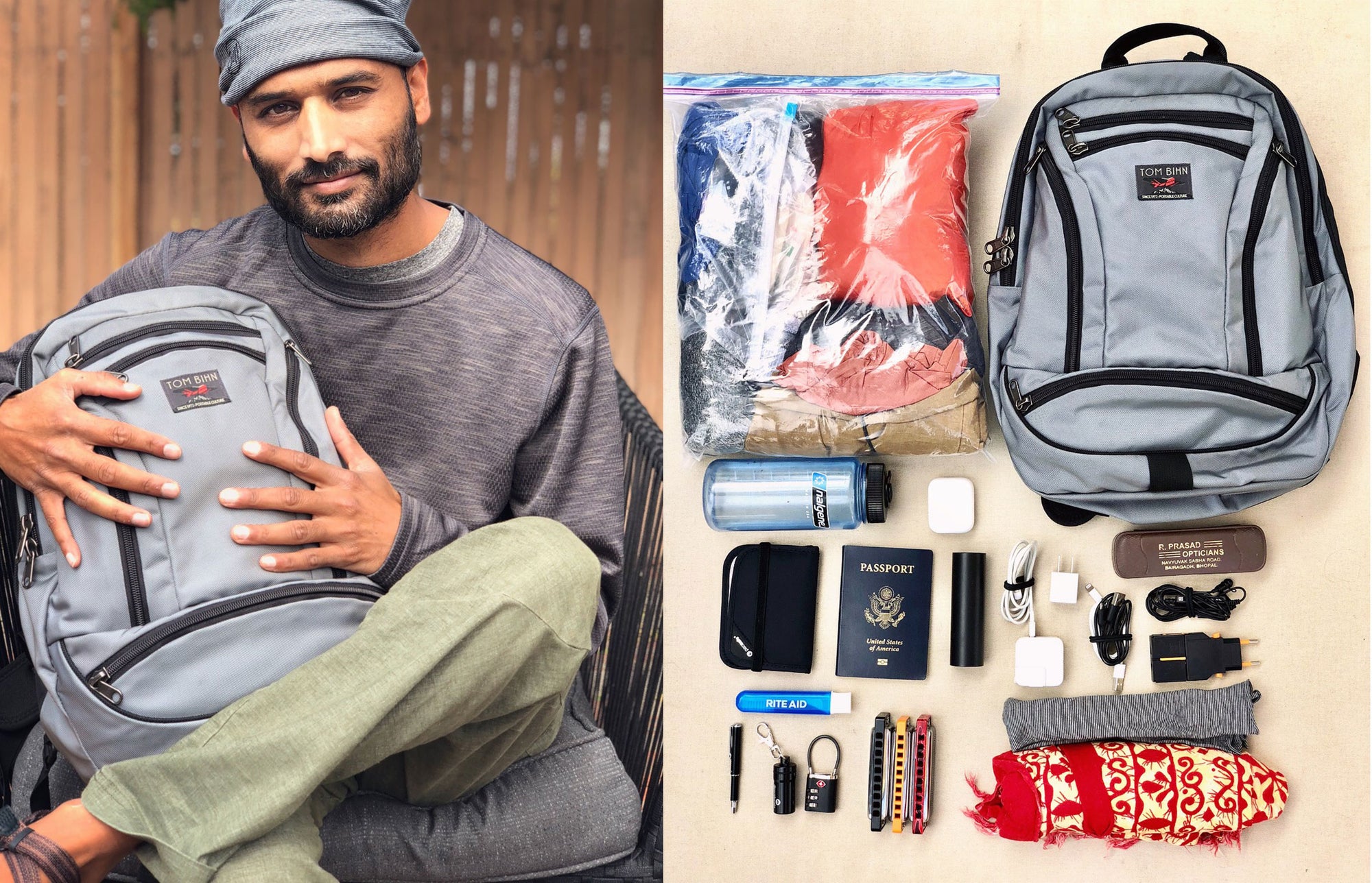 Rishi O. holding his Synapse 19 and what he carries in his bag.