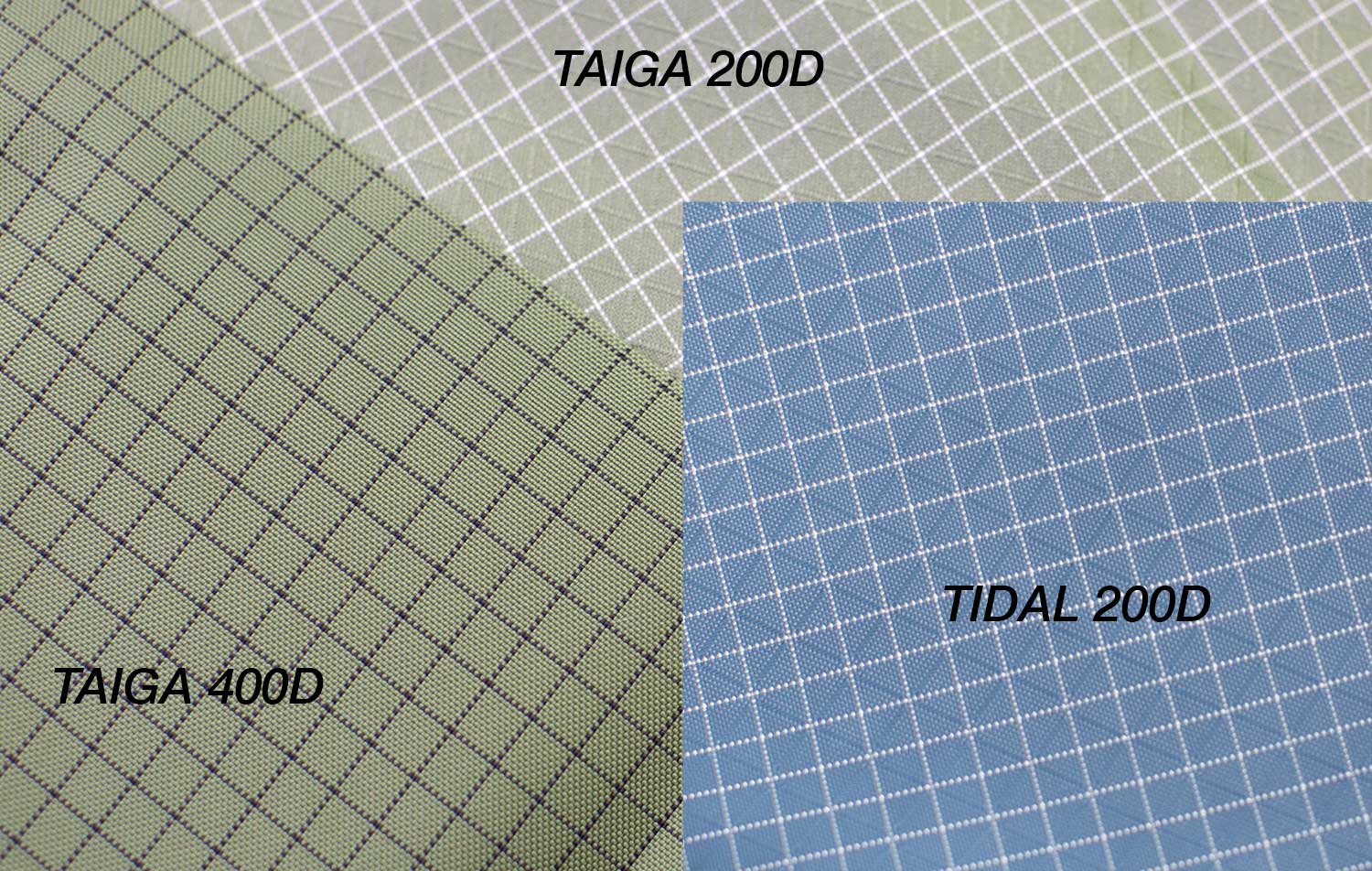 Swatches of the Taiga 200 (sage green with white grid), Taiga 400 (sage green with black grid) and Tidal 200 (denim blue with white grid) Halcyon fabrics.