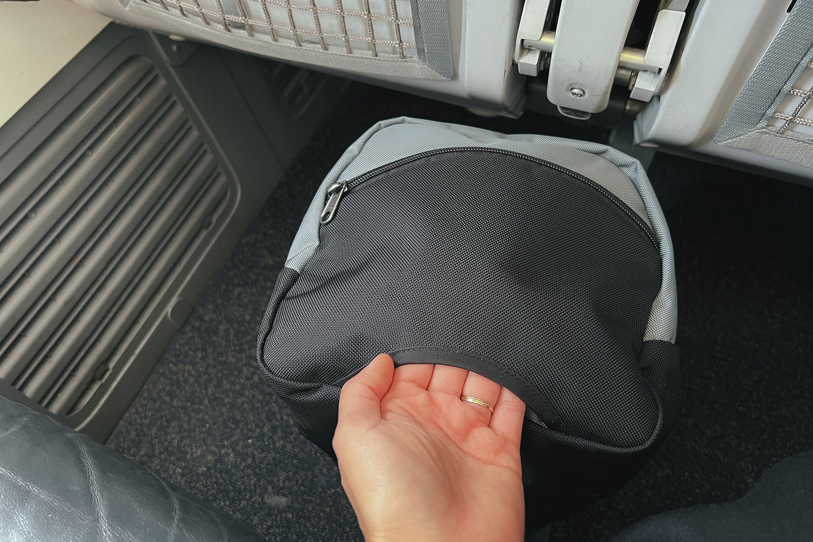 visible detail^^A close up of the pull scoop on the Night Flight Travel Duffel.