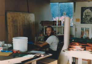 Tom Bihn sewing in his workshop