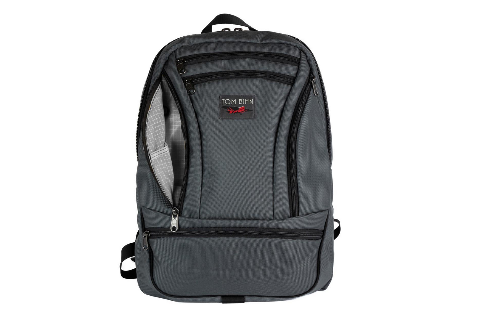 visible variant TB0113-GKND^^A Nebulous Grey Ballistic Synapse 25 with the side pocket open showing the Northwest Sky Halcyon lining color.