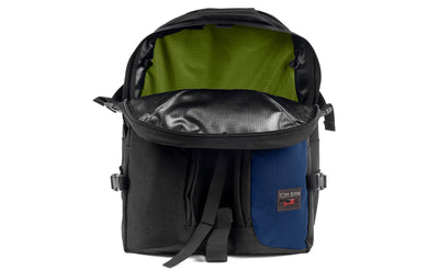 visible variant TB0114-DKML^^The Brain Bag in Deep Blue (dark blue) 525 Ballistic with the front main compartment zipper opened to reveal its Moss (green with light green grid) 210 Cerylon interior.