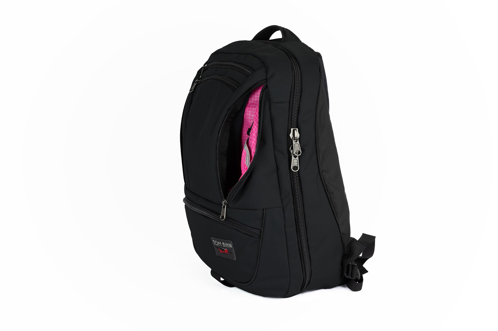visible variant TB0121-BKPD^^A side shot of the Synik 30 in Black 525 Ballistic with the new Red Label and a Cerise 200 Halcyon interior.