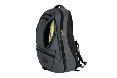 visible variant TB0121-GK2D^^A Nebulous Grey Ballistic Synik 30 with the side pocket open showing the Lemonade Halcyon lining color. 