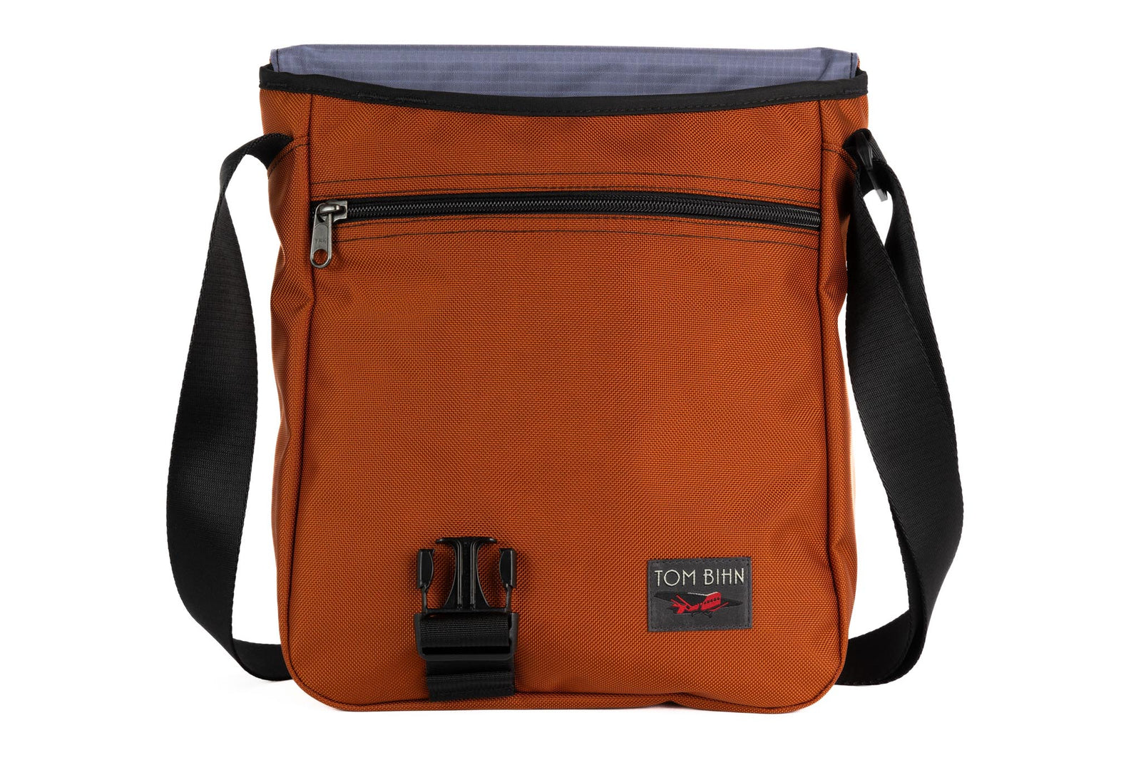 visible variant TB0202-TKDL^^Medium Cafe Bag in Burnt Orange 525 Ballistic with Dusk (greyish-purple with light grey grid) 210 Cerylon interior
