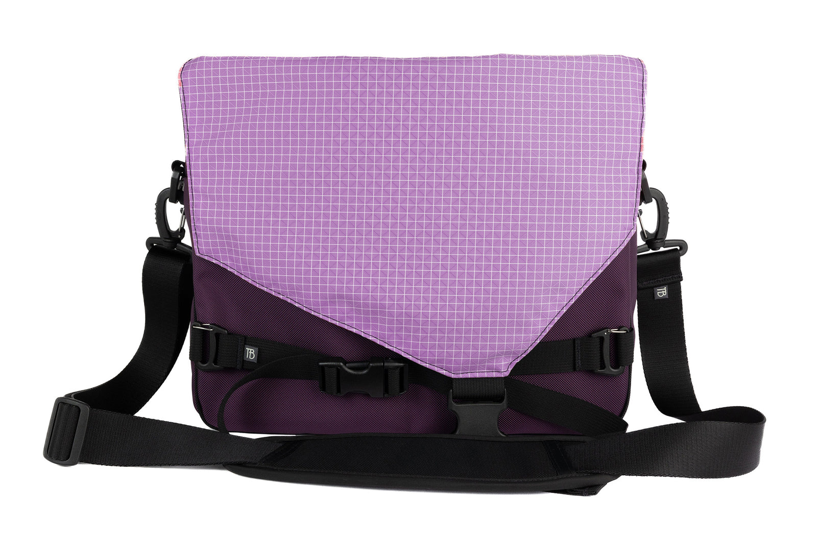 visible variant TB0204-UKYD^^The Maker's Bag in Aubergine (dark purple) Ballistic with a Wisteria (light purple with white grid) 200 Halcyon interior.