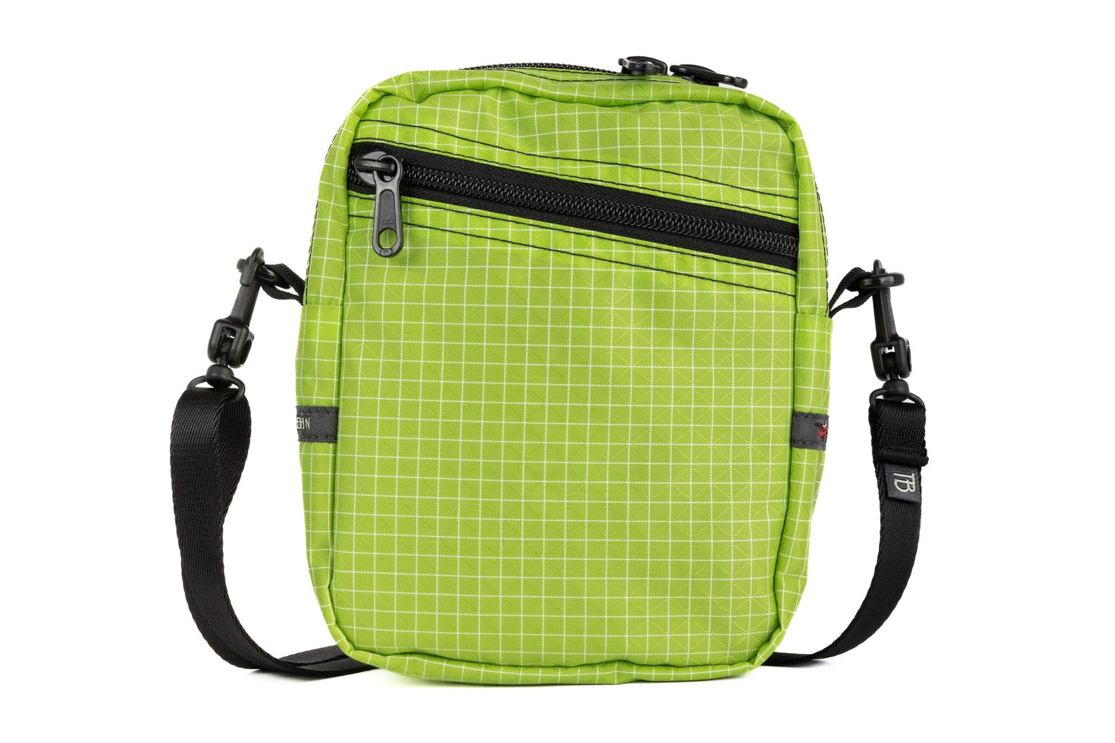 visible variant TB0416-1DGE^^Front photo of an Everyday Cubelet in Kiwi Halcyon (bright green with a white grid) with a front zipper.