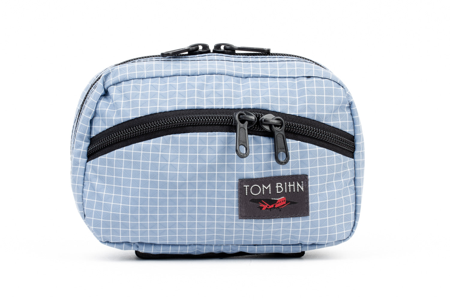visible variant TB0418-7D^^The front of a Handy Little Thing #1 in Tidal (faded blue with white grid) 200 Halcyon showing the front zipper with two slider and logo at the bottom-right corner.