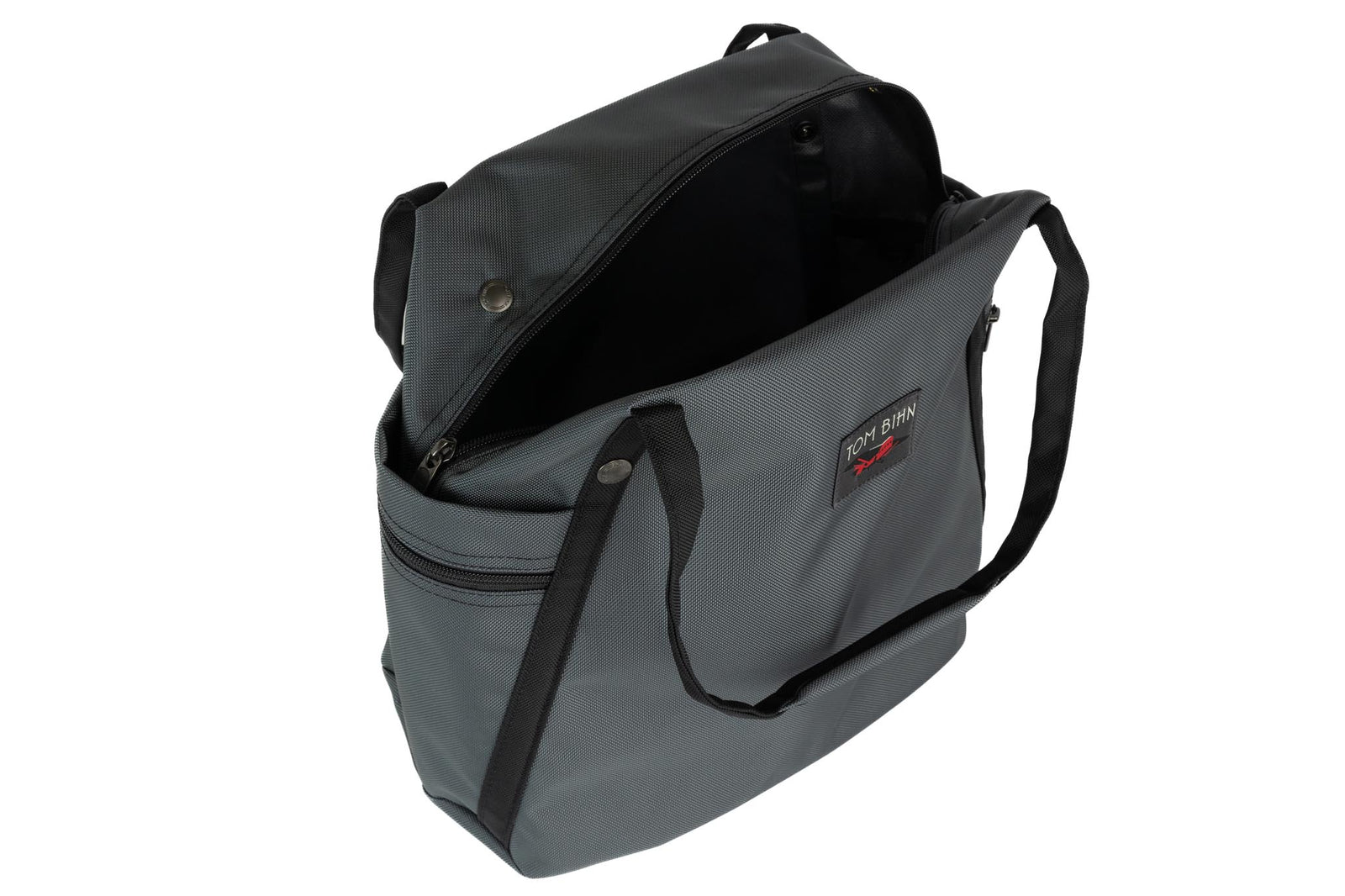 visible variant TB0615-GK^^An above shot of the Pop Tote in Nebulous Grey (dark grey) Ballistic with the main compartment open.