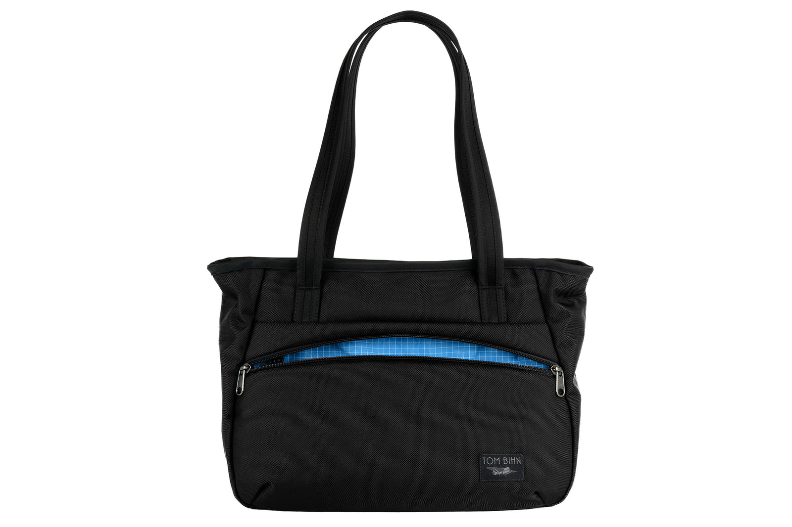 visible variant TB0715-BKLD^^Photo of the Nomad Tote in Black Ballistic with Island (blue with white grid) 200 Halcyon interior.