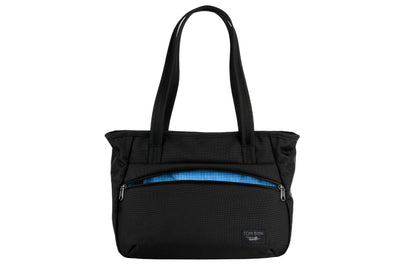 visible variant TB0715-BKLD^^Photo of the Nomad Tote in Black Ballistic with Island (blue with white grid) 200 Halcyon interior.