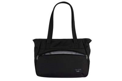 visible variant TB0715-BKND^^Photo of the Nomad Tote in Black Ballistic with Northwest Sky (grey with white grid) 200 Halcyon interior.