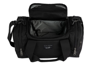 visible variant TB0904-BKGL^^The Night Flight Travel Duffel in Black Ballistic with a Mountain Grey 210 Cerylon interior.