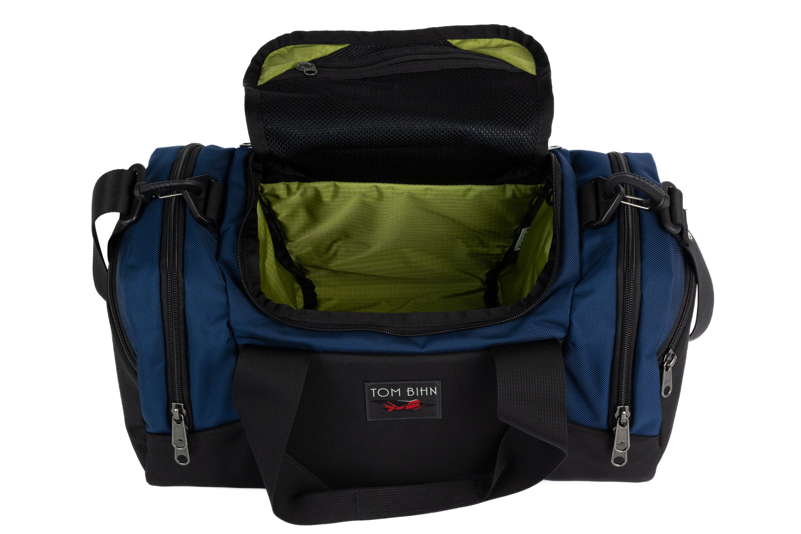 visible variant TB0904-DKML^^The Night Flight Travel Duffel in Deep Blue Ballistic with a Moss 210 Cerylon interior.