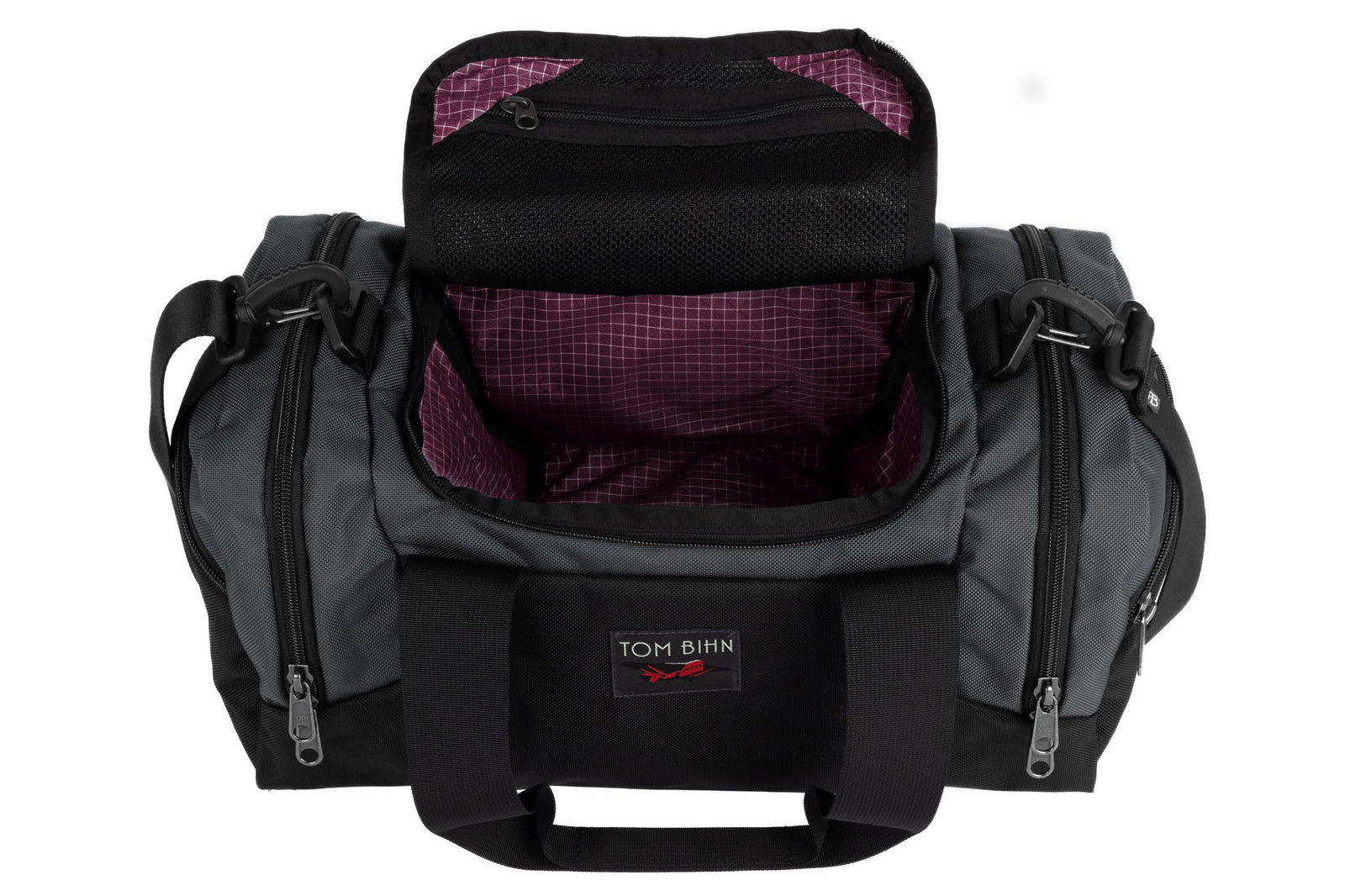 visible variant TB0904-GK5D^^The Night Flight Travel Duffel in Nebulous Grey Ballistic with an Acai 200 Halcyon interior.