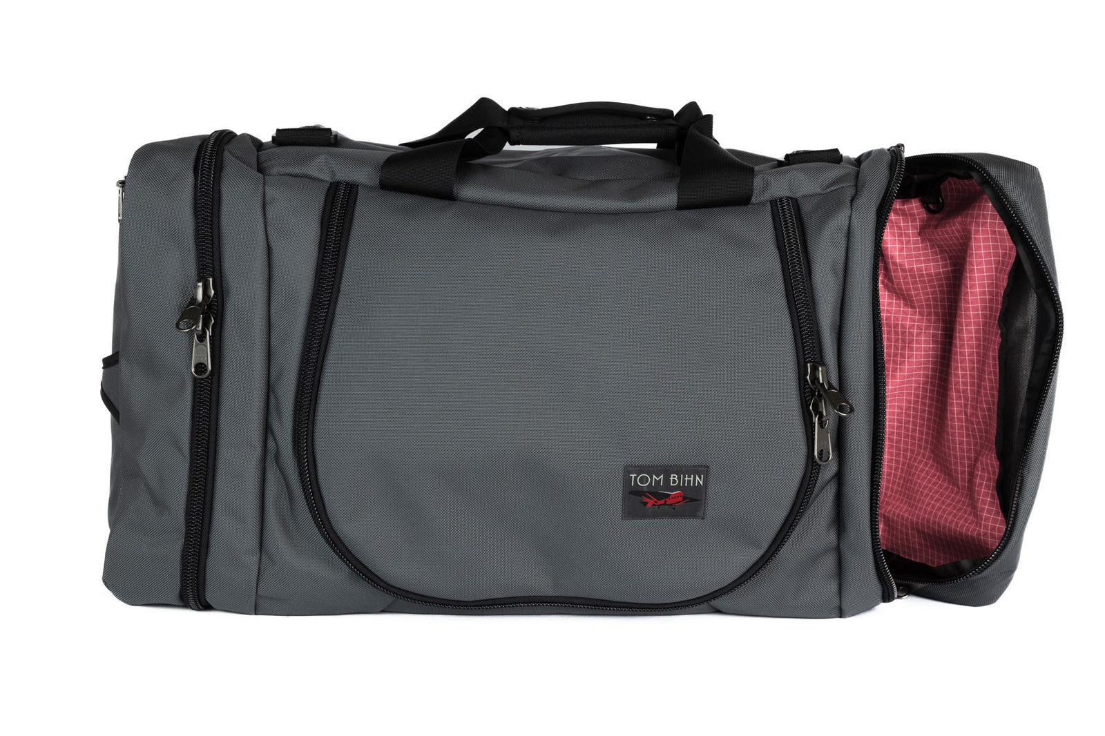 visible variant TB0906-GK4D^^A Nebulous Grey (medium grey) Ballistic Aeronaut 45 with the end pocket open showing the Sakura (pale pink) Halcyon.
