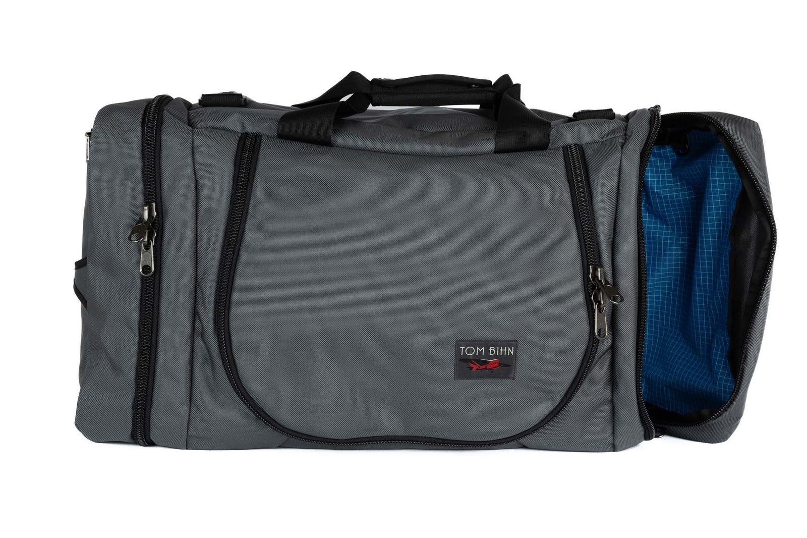 visible variant TB0906-GKLD^^A Nebulous Grey (medium grey) Ballistic Aeronaut 45 with the end pocket open showing the Island (blue) Halcyon.