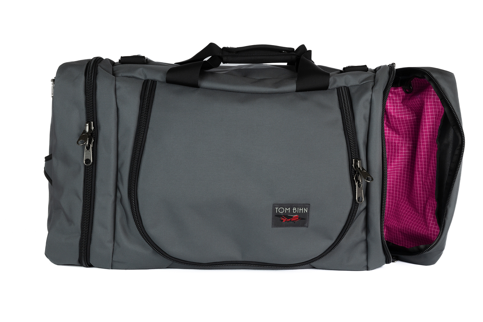 visible variant TB0906-GKPD^^A Nebulous Grey (medium grey) Ballistic Aeronaut 45 with the end pocket open showing the Cerise (pink) Halcyon.