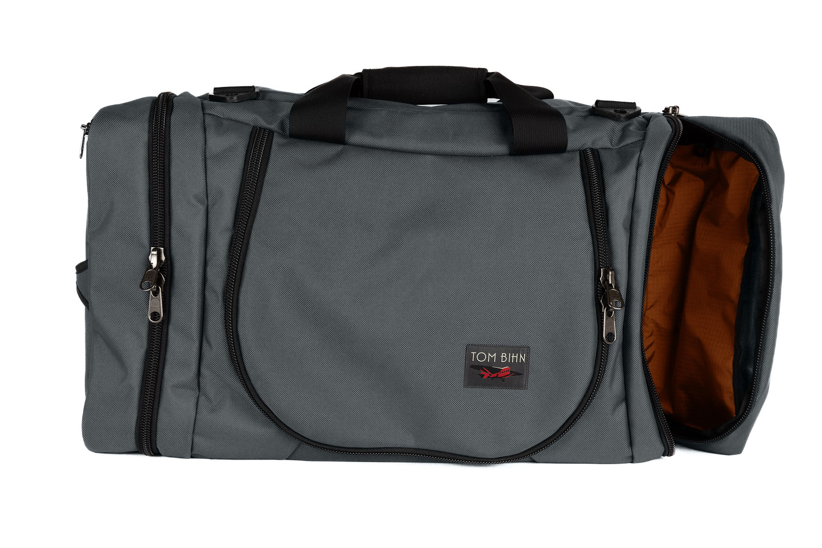 visible variant TB0906-GKPL^^A Nebulous Grey (medium grey) Ballistic Aeronaut 45 with the end pocket open showing the Persimmon (orange) Cerylon.