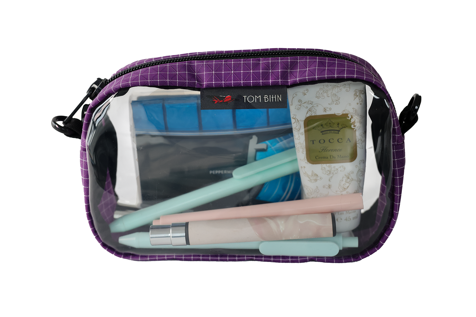 visible variant TB0917-UD^^An Ultraviolet purple with white grid pattern (Halcyon) 3D Clear Organizer Cube filled with sundries.