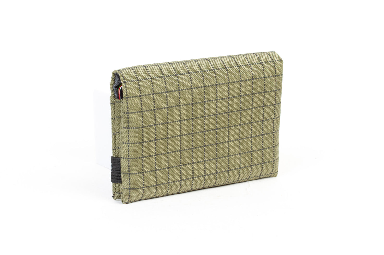 visible variant TB1275-VH^^The Size 5 Nik's Minimalist Wallet in Taiga (olive green with grey grid) 400 Halcyon closed with the attached elastic band.