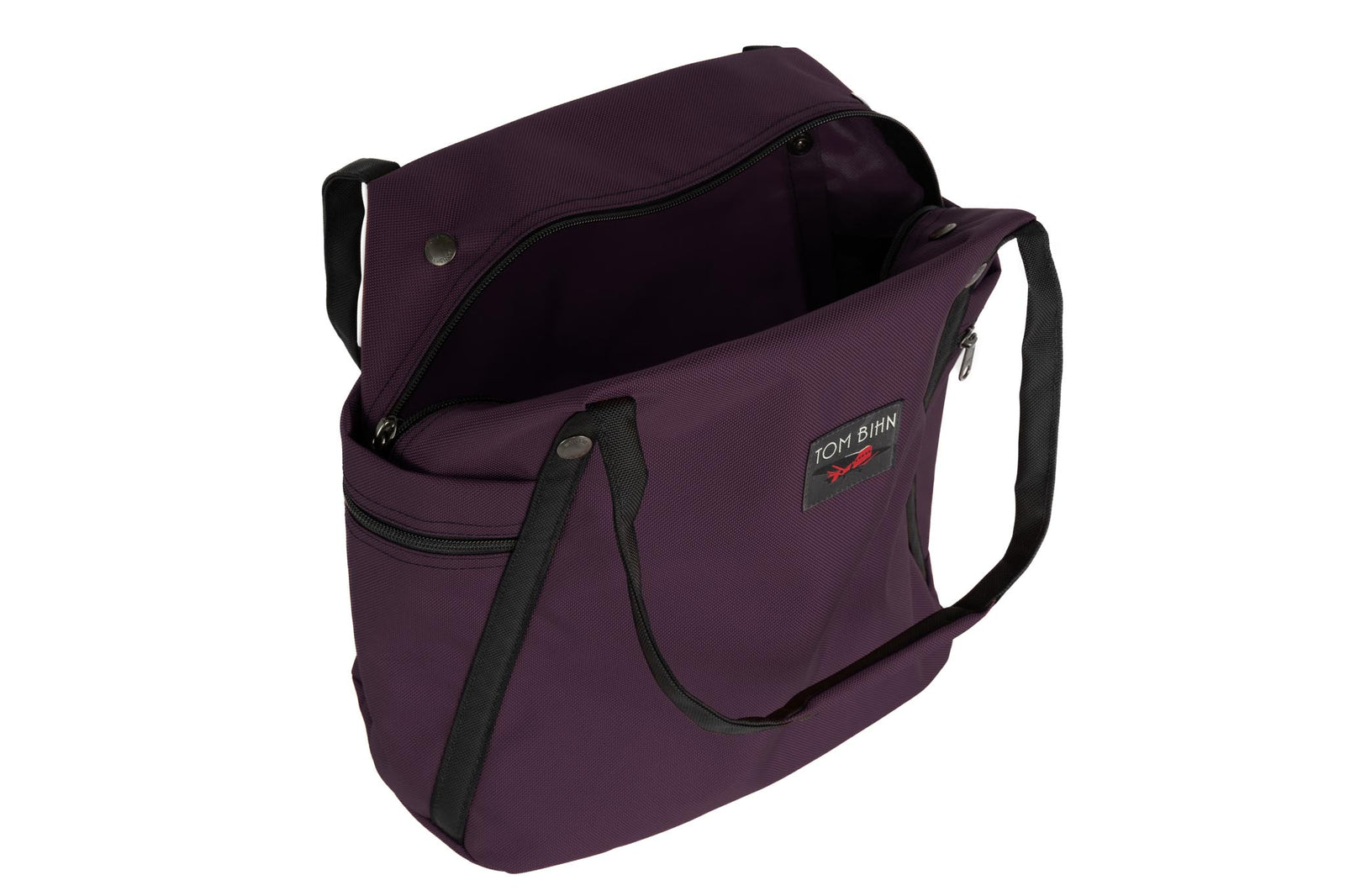 visible variant TB0615-UK^^An above shot of the Pop Tote in Aubergine (dark purple) Ballistic with the main compartment open.