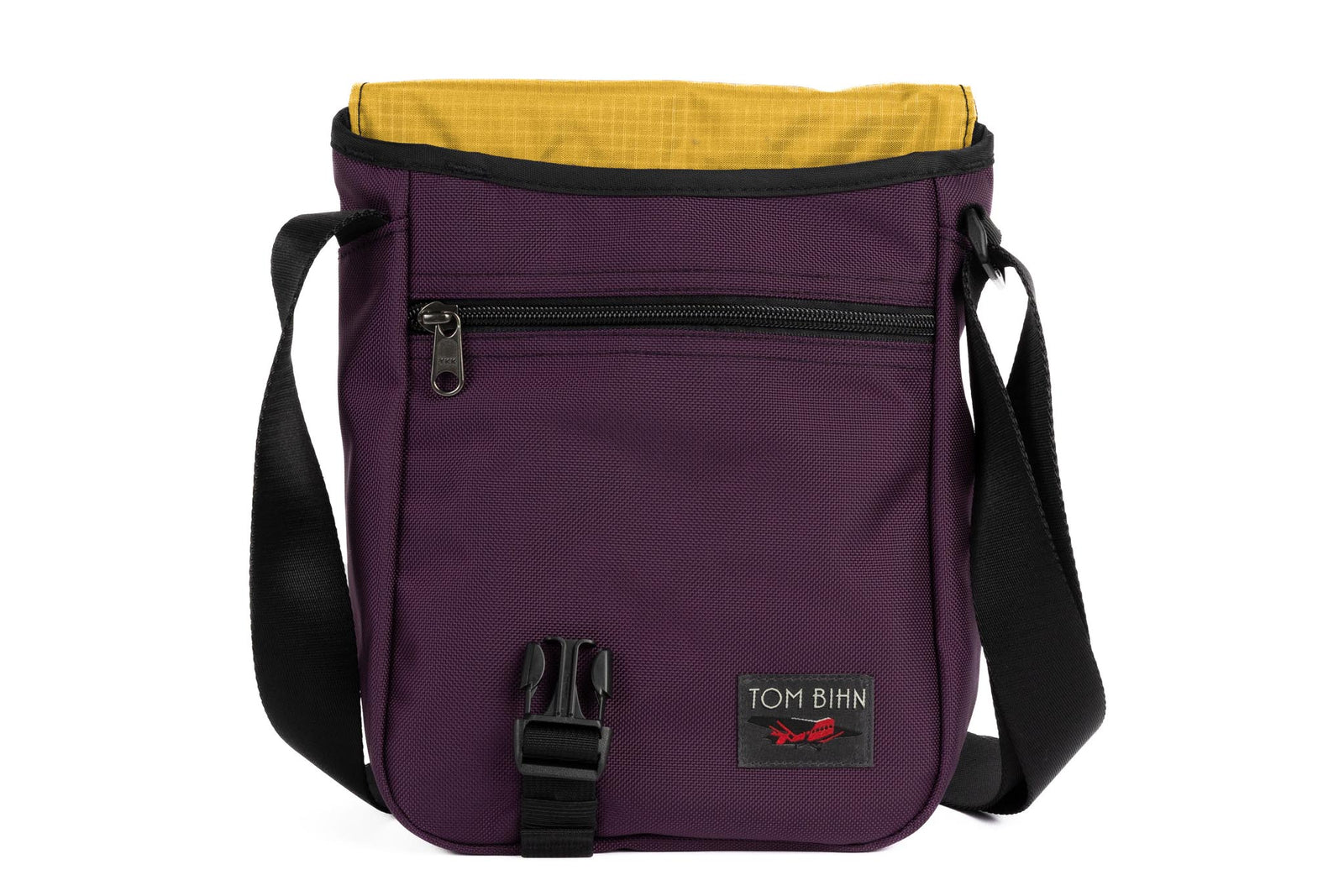 visible variant TB0201-UKRL^^Small Cafe Bag in Aubergine Ballistic with a Marigold 210 Cerylon interior.