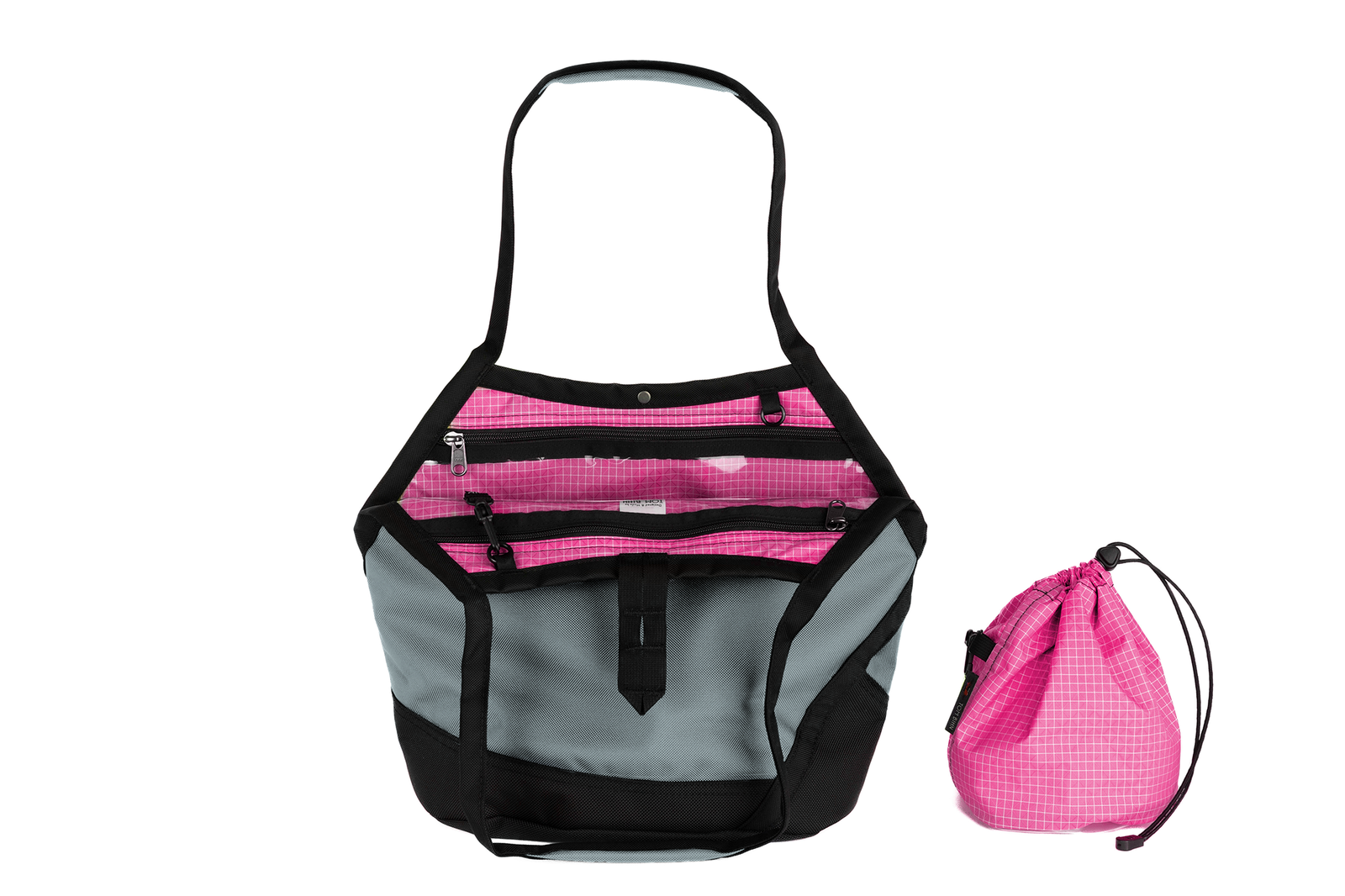 visible variant TB0660-LKPD^^A Swift in Cloud Ballistic with Cerise (bright pink with white grid) 200 Halcyon interior and Yarn Stuff Sack.