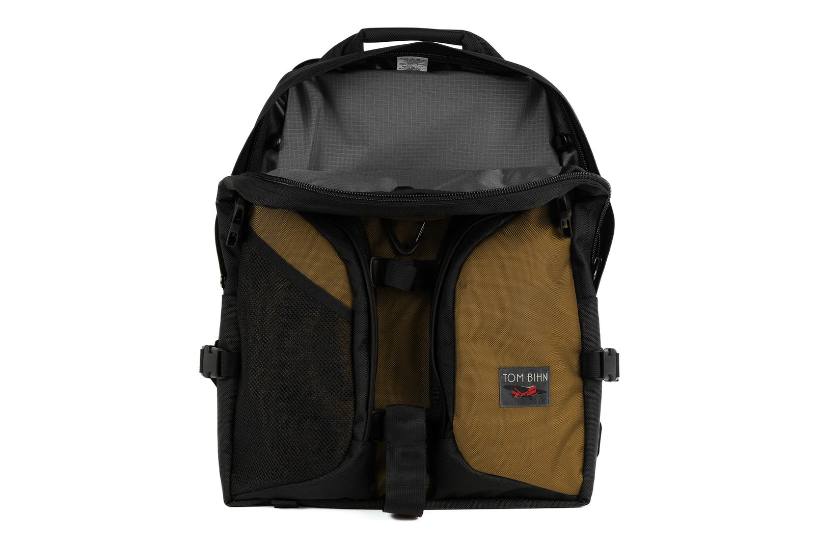 visible variant TB0114-CKGL^^The Brain Bag in Coyote (light brown) Ballistic with the front main compartment zipper opened to reveal its Mountain Grey (grey with light grey grid) 210 Cerylon interior.
